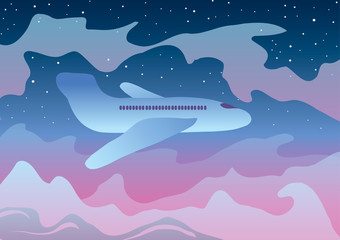 Vector illustration. Flying Plane among the clouds.