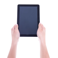 close up of tablet pc with blank screen in male hands isolated o