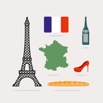Icons symbols of France. Eiffel Tower and map country. Baguette