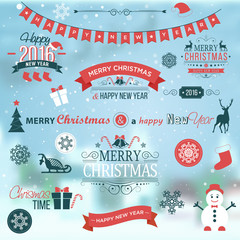 Christmas set labels emblems on winter background