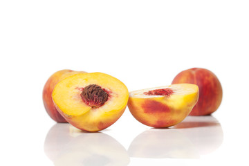 Fototapeta na wymiar Juicy peaches on white background
