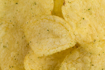 Prepared potato chips snack closeup view