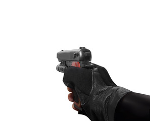 Hand holding a handgun. Isolated first person view hand holding a handgun on white background.