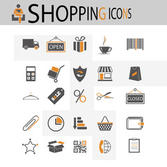 Shopping icons. Set of vector icons for shopping in gray with orange.