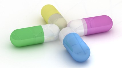 Pharmacy logo background. Capsules, tablets, pills isolated on white background. Pharmaceutical and medicine concept