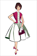 Fashion dress in retro 1960s style. Pretty woman with hand bag Retro Fashion Clip Art
