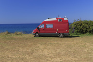 Fototapeta na wymiar car caravan sea, modern, red