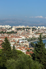 Naklejka premium View of Split's waterfront, historic old town and beyond from above in Croatia.
