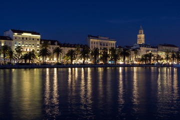 Riva waterfront promenade at the old town in Split, Croatia at night.