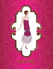 Retro party invitation design. Flapper girl over vintage background with copy space in 1920s style. Art-deco fashion style 