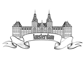 Amstradam landmark label. Visit Netherlands card. Famous architectural building sketch