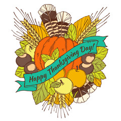 Thanksgiving Day greeting card with spikes, feathers, chestnuts