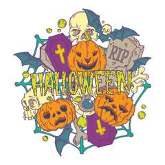 Halloween card with pumpkins and horror elements