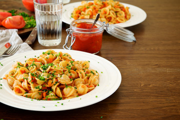 Traditional Italian pasta orecchiette with tomato sauce and vegetables 