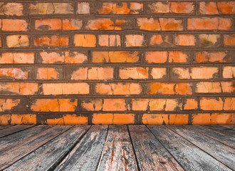 room interior vintage with orange brick wall and wood floor background