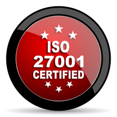 iso 27001 red circle glossy web icon on white background - set440