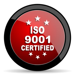 iso 9001 red circle glossy web icon on white background - set440