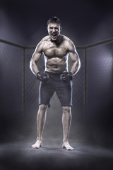 Fototapeta na wymiar Excited MMA fighter in a cage shouting loud