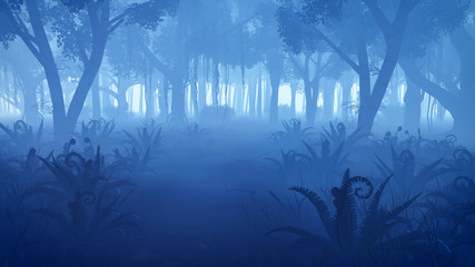 Fototapeta premium Misty night forest with fern thickets on foreground