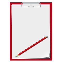  Red clipboard with a few sheets of paper and red pencil.  Vecto