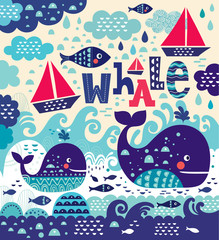Fototapeta premium Cartoon vector illustration with whale and fish
