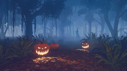 Misty night forest with Halloween pumpkins 