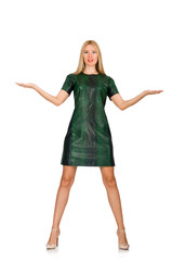 Naklejka premium Young woman in green dress isolated on white