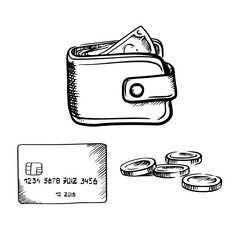 Credit card, wallet with money and coins sketch