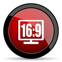 16 9 display red circle glossy web icon on white background - set440
