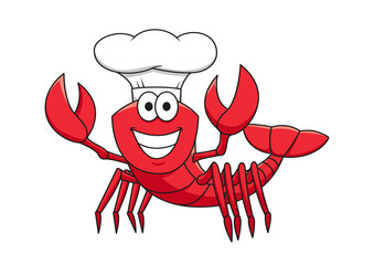 Cartoon red lobster chef in white cook hat