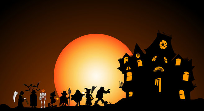 halloween costumes with haunted house and moon