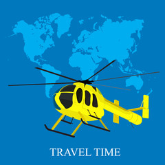 helicopter, world map, travel concept, flat, vector illustration