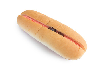 long bread filled strawberry cream on white background