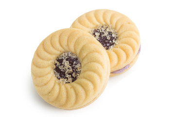 sandwich cookies with blueberry cream on white background