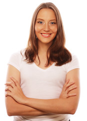 young woman wearing white t-shirt