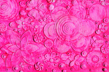 Mix of summer red and rose, pink hawaiian flowers, floral pattern with tropical blooms, abstract art work painting, embossing ,carving and  3d engraving.