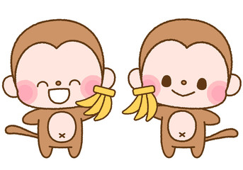 バナナを持つ猿キャラクター　イラストカット2点