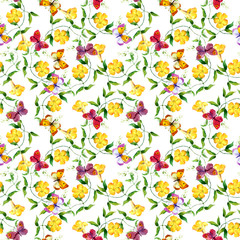 Yellow flower and butterfly. Seamless floral print. Watercolour 