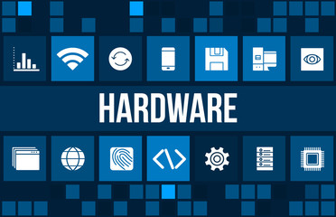 Hardware concept image with technology icons and copyspace
