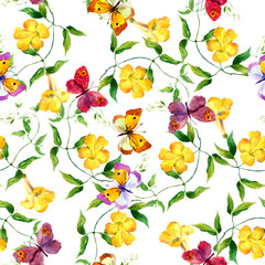 Yellow flower and butterfly. Seamless floral print. Watercolour 