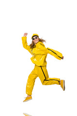 Fototapeta na wymiar Woman in yellow suit isolated on white