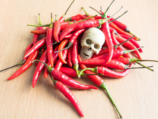 Skull with red chilies on wood plate