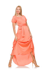 Young woman in pink romantic dress isolated on white