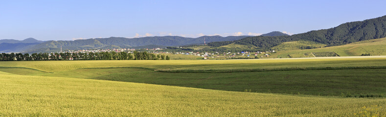 Fototapeta na wymiar Beautiful panorama agricultural fields and the town of