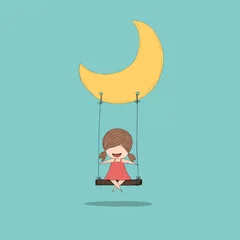  Cartoon girl swinging on a moon, drawing by hand vector © photoraidz