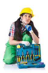 Female workman in green overalls isolated on white