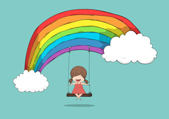 Cartoon girl swinging on a rainbow, drawing by hand vector