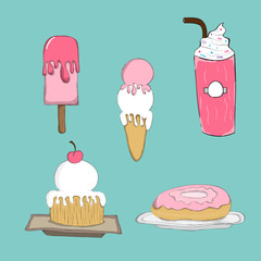 Collection of cute cartoon ice cream and cake donut, drawing by