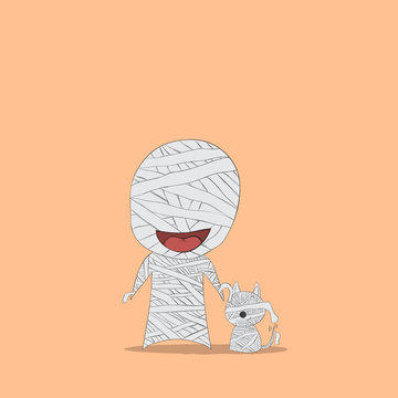 Cartoon Mummy And Dog Mummy, Drawing By Hand Vector, Halloween