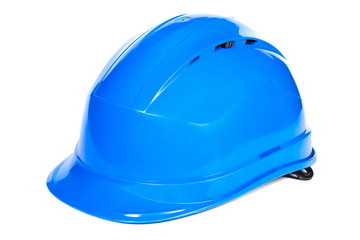 Closeup of blue protective helmet on white background